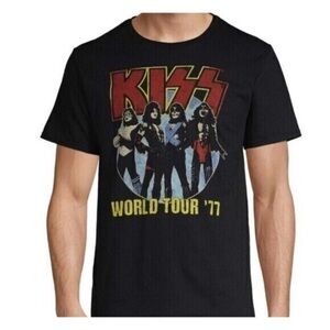KISS Retro World Tour ‘77 Band Tee Graphic T-Shirt Black Cotton Unisex Size XL